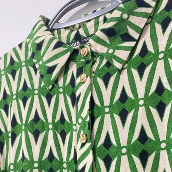 Zara Geometric Print Belted Midi Dress Green/Black/White Size M — 100% Viscose - Picture 7 of 9